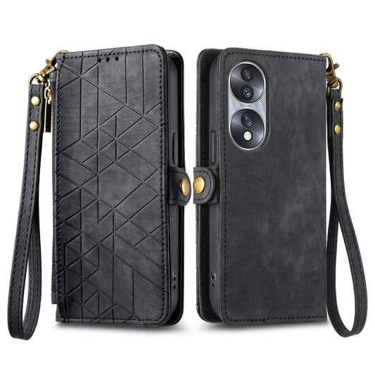 For Honor 70 Geometric Zipper Wallet Side Buckle Leather Phone Case(Black) by buy2fix