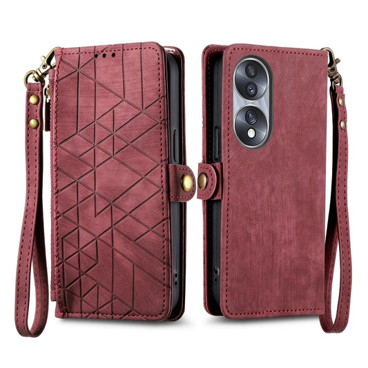 For Honor X9A Geometric Zipper Wallet Side Buckle Leather Phone Case(Red) by buy2fix