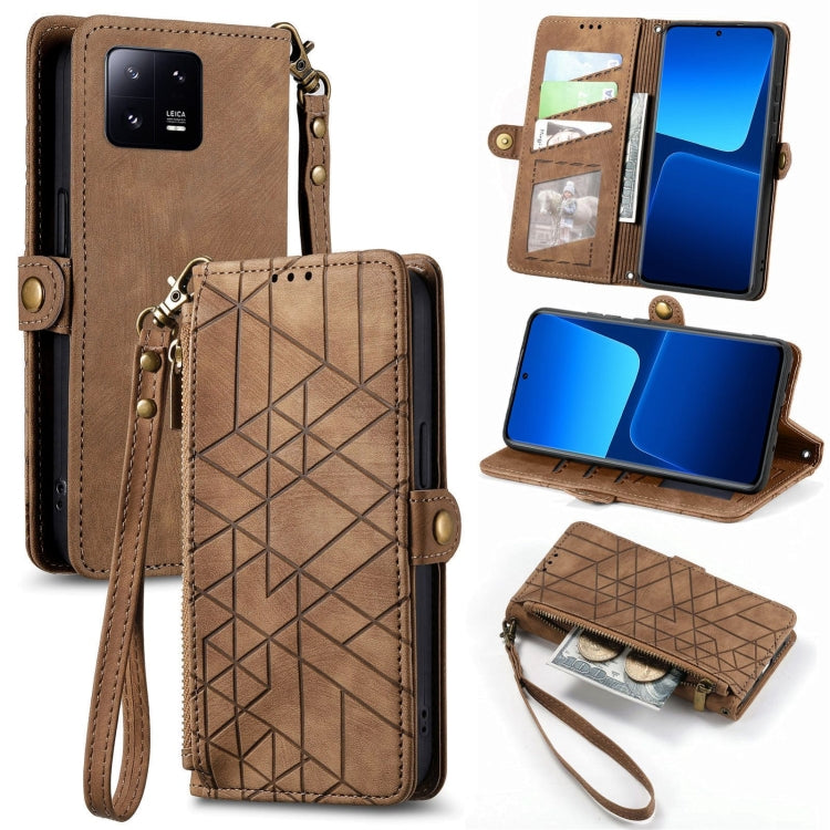 For Xiaomi 13 Pro Geometric Zipper Wallet Side Buckle Leather Phone Case(Brown) - Xiaomi Cases by buy2fix | Online Shopping UK | buy2fix