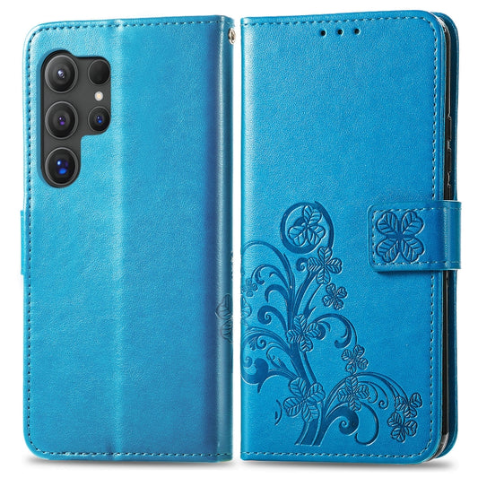 For Samsung Galaxy S24 Ultra 5G Four-leaf Clasp Embossed Buckle Leather Phone Case(Blue) by buy2fix
