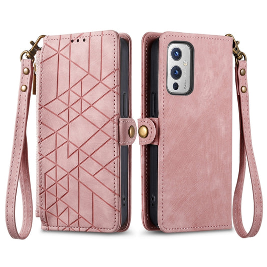 For OnePlus 11 Geometric Zipper Wallet Side Buckle Leather Phone Case(Pink) by buy2fix