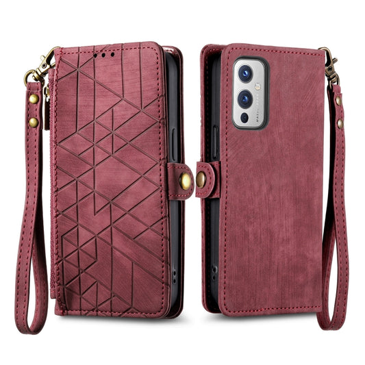 For OnePlus 11 Geometric Zipper Wallet Side Buckle Leather Phone Case(Red) by buy2fix