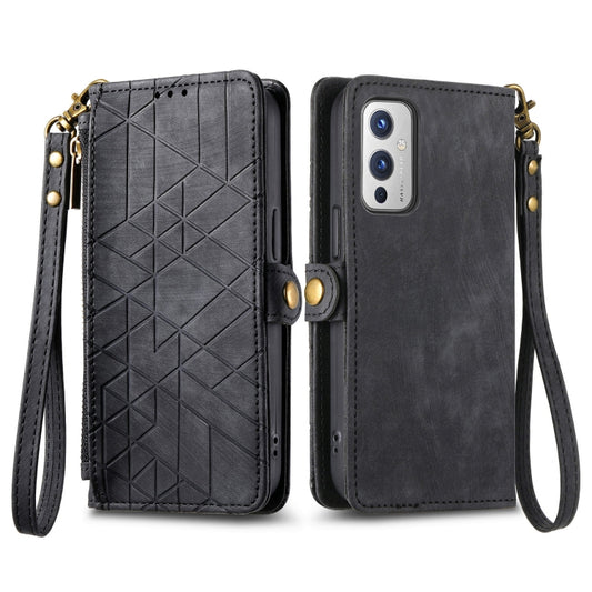 For OnePlus 11 Geometric Zipper Wallet Side Buckle Leather Phone Case(Black) by buy2fix