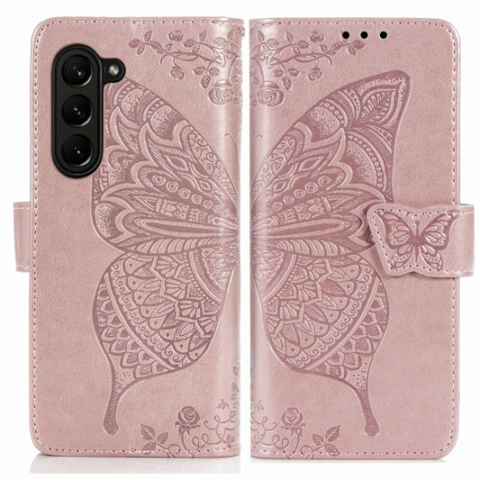 For Samsung Galaxy Z Fold5 Butterfly Love Flower Embossed Leather Phone Case(Rose Gold) by buy2fix