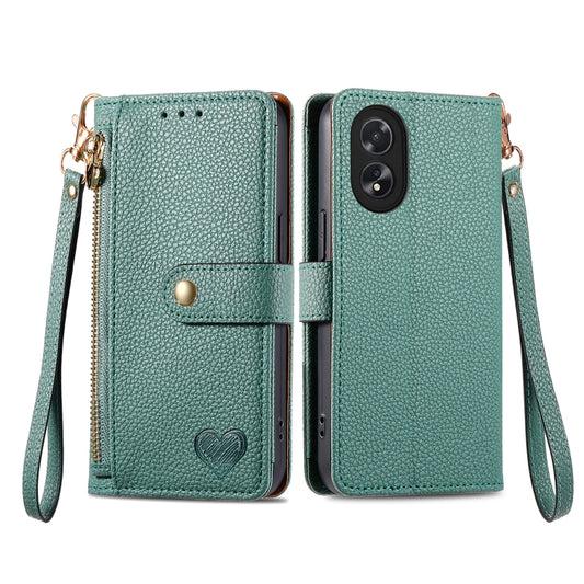 For OPPO A38 Love Zipper Lanyard Leather Phone Case(Green) by buy2fix