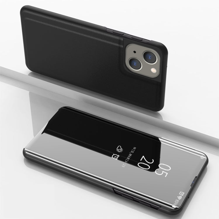 For iPhone 15 Plus Plated Mirror Horizontal Flip Leather Phone Case with Holder(Black) - iPhone 15 Plus Cases by buy2fix | Online Shopping UK | buy2fix
