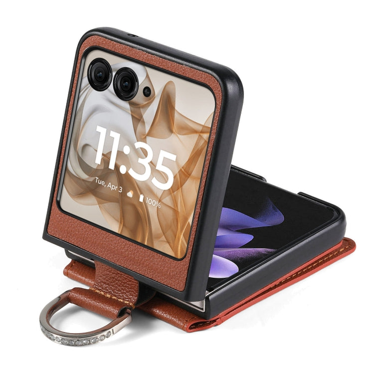 For Motorola Razr 50 Ultra Litchi Texture Leather Ring Wallet Phone Case(Brown) - Motorola Cases by buy2fix | Online Shopping UK | buy2fix