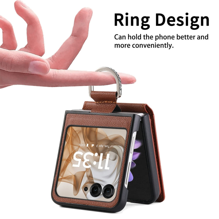 For Motorola Razr 50 Ultra Litchi Texture Leather Ring Wallet Phone Case(Brown) - Motorola Cases by buy2fix | Online Shopping UK | buy2fix