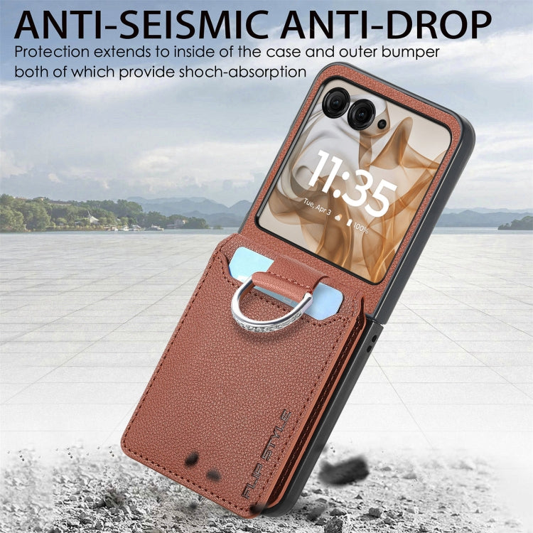 For Motorola Razr 50 Ultra Litchi Texture Leather Ring Wallet Phone Case(Brown) - Motorola Cases by buy2fix | Online Shopping UK | buy2fix