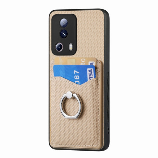 For Xiaomi 12T Pro Carbon Fiber Card Wallet Ring Holder Phone Case(Khaki) by buy2fix