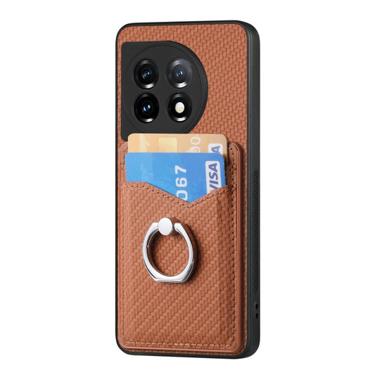 For OnePlus 11 Carbon Fiber Card Wallet Ring Holder Phone Case(Brown) by buy2fix
