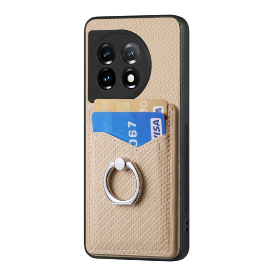 For OnePlus 11 Carbon Fiber Card Wallet Ring Holder Phone Case(Khaki) by buy2fix