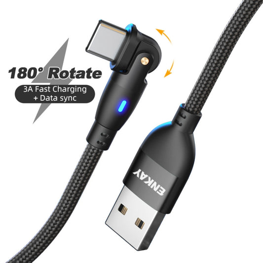 ENKAY 180 Degrees Rotating USB to Type-C 3A Fast Charging Data Cable with LED Light, Length:1m(Black) by ENKAY