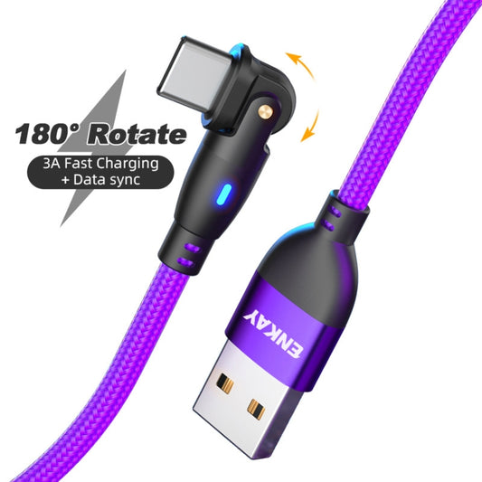 ENKAY 180 Degrees Rotating USB to Type-C 3A Fast Charging Data Cable with LED Light, Length:1m(Purple) by ENKAY