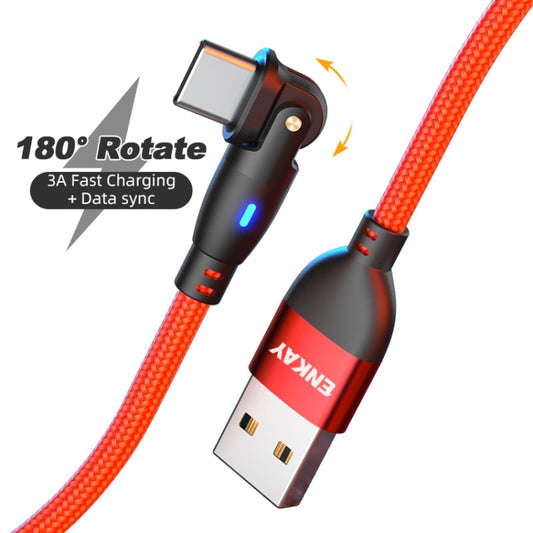 ENKAY 180 Degrees Rotating USB to Type-C 3A Fast Charging Data Cable with LED Light, Length:1m(Red) by ENKAY