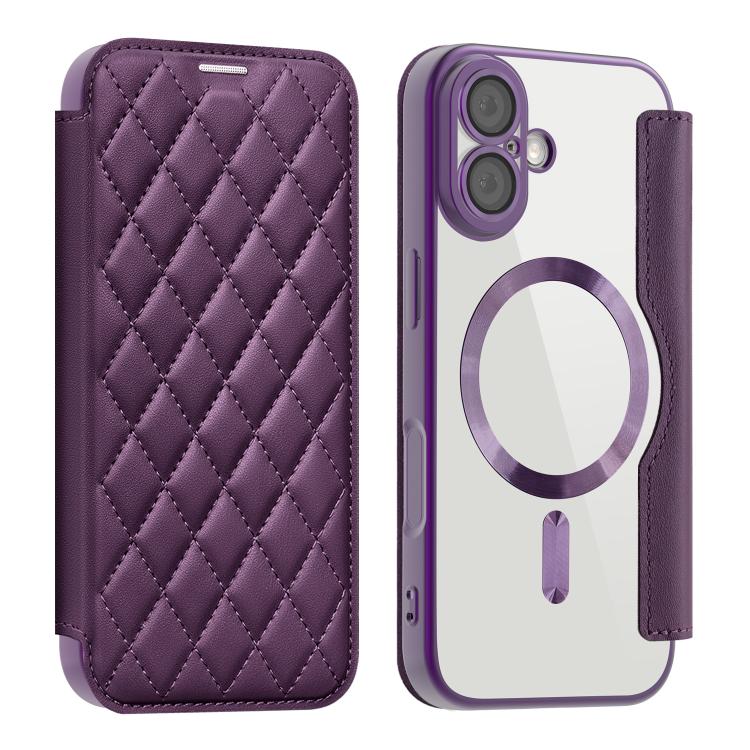 For iPhone 17 Shield Magsafe RFID Anti-theft Rhombus Leather Phone Case(Purple) - iPhone 17 Cases by buy2fix | Online Shopping UK | buy2fix
