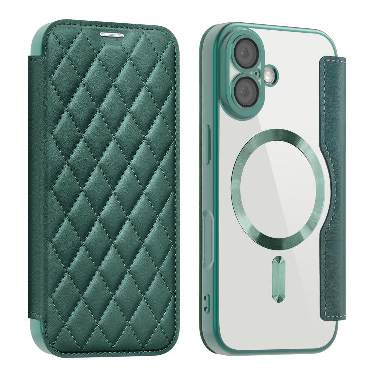 For iPhone 17 Shield Magsafe RFID Anti-theft Rhombus Leather Phone Case(Green) - iPhone 17 Cases by buy2fix | Online Shopping UK | buy2fix