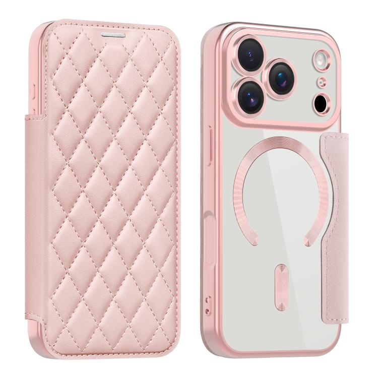 For iPhone 17 Pro Shield Magsafe RFID Anti-theft Rhombus Leather Phone Case(Pink) - iPhone 17 Pro Cases by buy2fix | Online Shopping UK | buy2fix