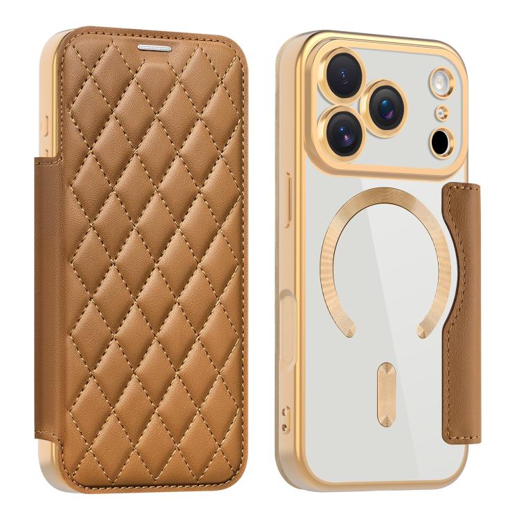 For iPhone 17 Pro Shield Magsafe RFID Anti-theft Rhombus Leather Phone Case(Brown) - iPhone 17 Pro Cases by buy2fix | Online Shopping UK | buy2fix