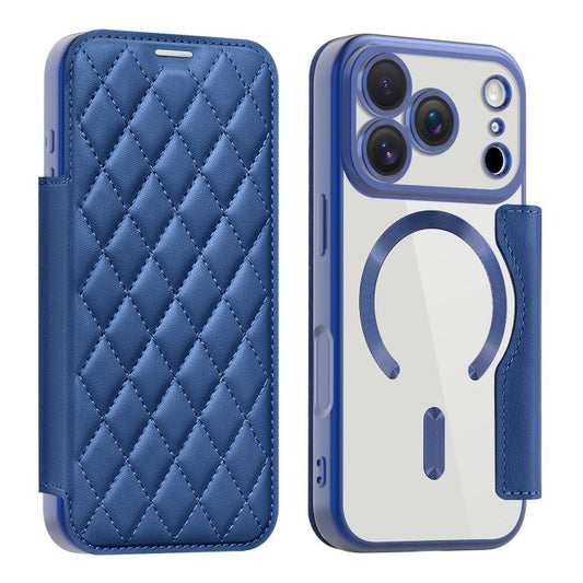 For iPhone 17 Pro Shield Magsafe RFID Anti-theft Rhombus Leather Phone Case(Dark Blue) - iPhone 17 Pro Cases by buy2fix | Online Shopping UK | buy2fix