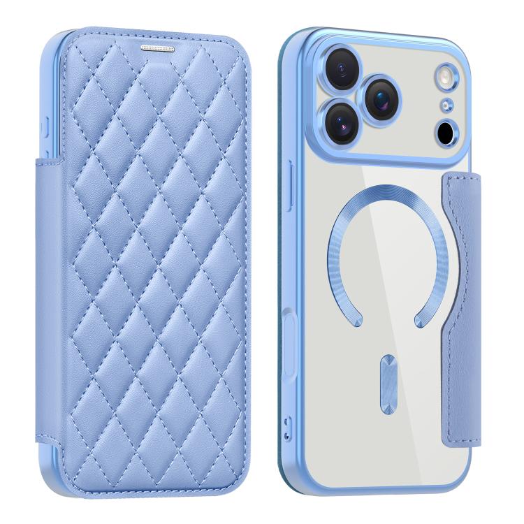 For iPhone 17 Pro Max Shield Magsafe RFID Anti-theft Rhombus Leather Phone Case(Blue) - iPhone 17 Pro Max Cases by buy2fix | Online Shopping UK | buy2fix