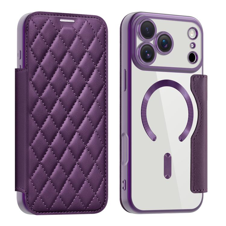 For iPhone 17 Pro Max Shield Magsafe RFID Anti-theft Rhombus Leather Phone Case(Purple) - iPhone 17 Pro Max Cases by buy2fix | Online Shopping UK | buy2fix