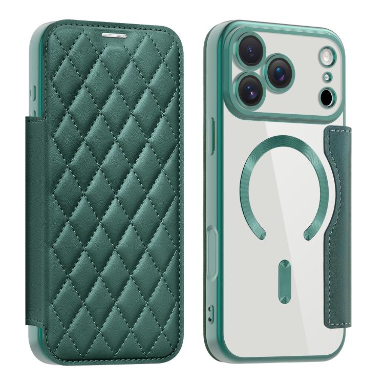 For iPhone 17 Pro Max Shield Magsafe RFID Anti-theft Rhombus Leather Phone Case(Green) - iPhone 17 Pro Max Cases by buy2fix | Online Shopping UK | buy2fix