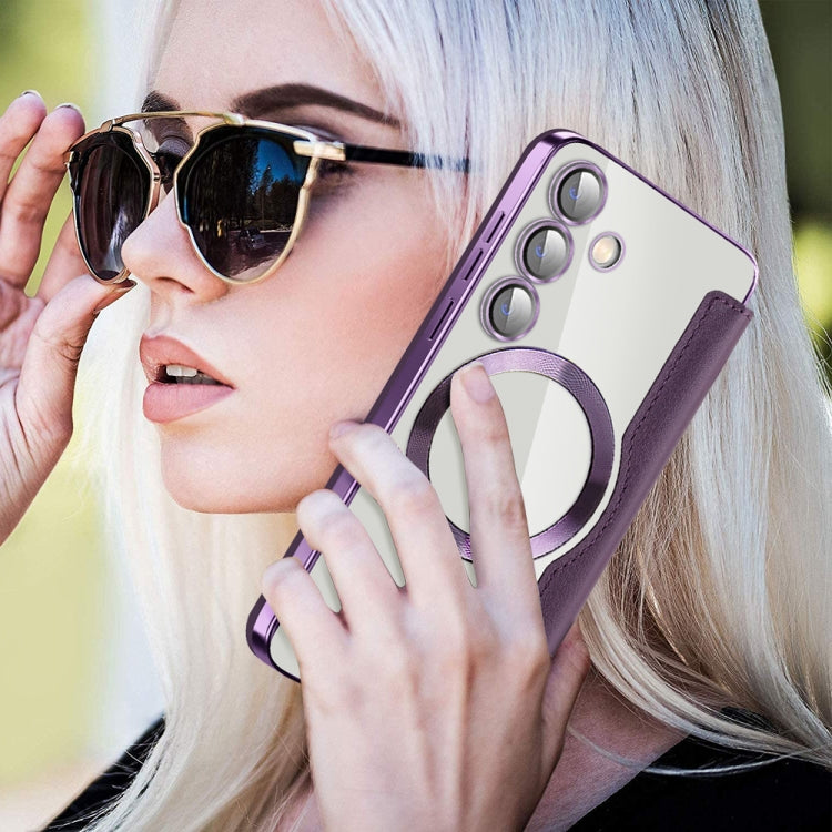 For Samsung Galaxy S25 5G Shield MagSafe RFID Anti-theft Rhombus Leather Phone Case(Purple) by buy2fix