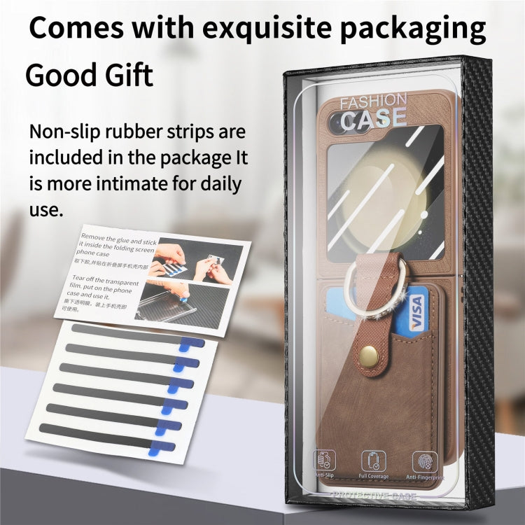 For Samsung Galaxy Z Flip5 5G Integrated Magnetic Card Wallet Diamond-encrusted Ring Phone Case(Brown) - Galaxy Z Flip5 Cases by buy2fix | Online Shopping UK | buy2fix