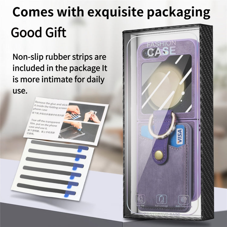 For Samsung Galaxy Z Flip5 5G Integrated Magnetic Card Wallet Diamond-encrusted Ring Phone Case(Purple) - Galaxy Z Flip5 Cases by buy2fix | Online Shopping UK | buy2fix