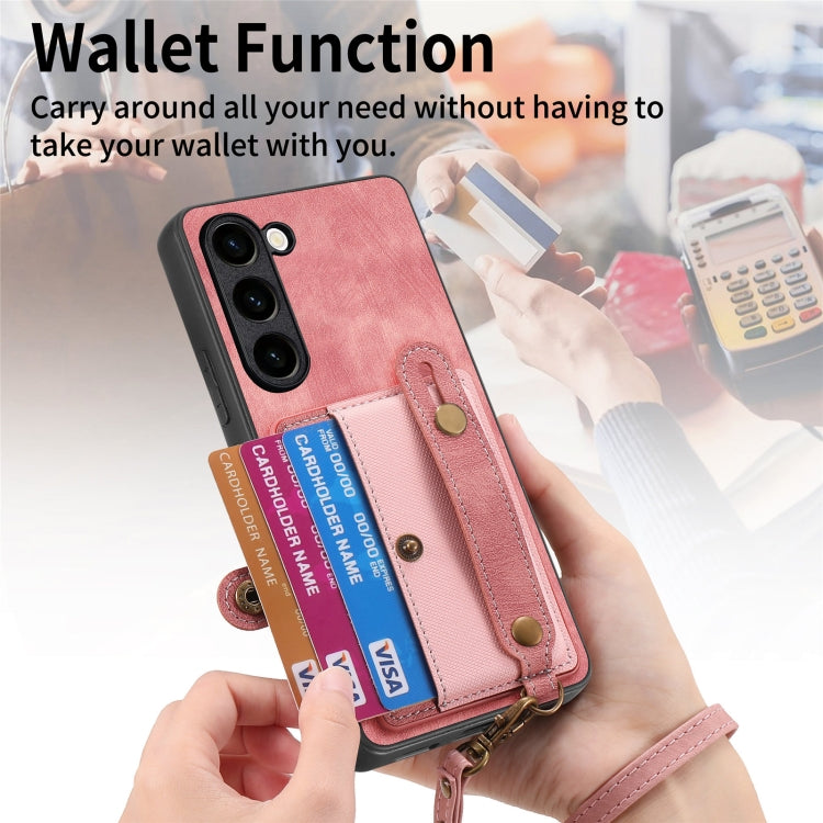 For Samsung Galaxy S23+ 5G Retro Cross Wristband Wallet Leather Back Phone Case(Pink) - Galaxy S23+ 5G Cases by buy2fix | Online Shopping UK | buy2fix