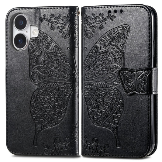 For iPhone 16 Butterfly Love Flower Embossed Leather Phone Case(Black) by buy2fix