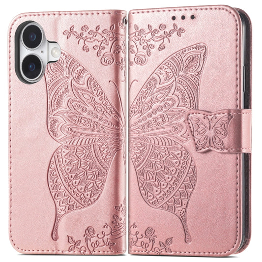 For iPhone 16 Butterfly Love Flower Embossed Leather Phone Case(Rose Gold) by buy2fix