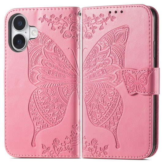 For iPhone 16 Plus Butterfly Love Flower Embossed Leather Phone Case(Pink) by buy2fix