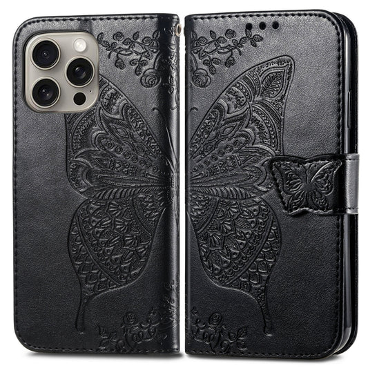 For iPhone 16 Pro Max Butterfly Love Flower Embossed Leather Phone Case(Black) by buy2fix
