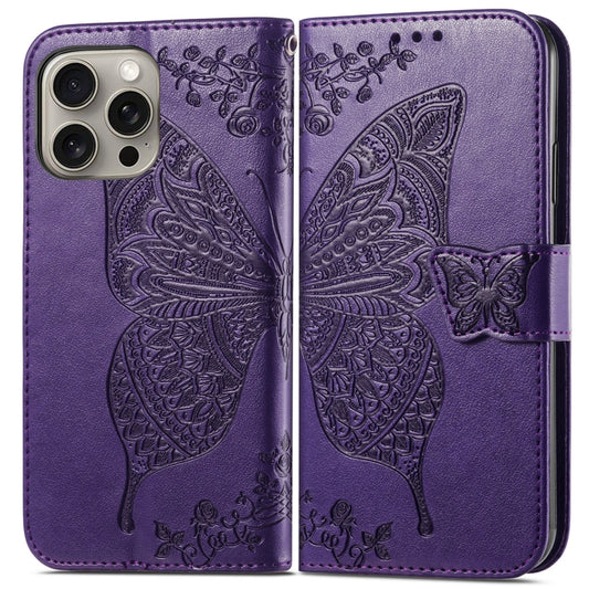 For iPhone 16 Pro Max Butterfly Love Flower Embossed Leather Phone Case(Purple) by buy2fix