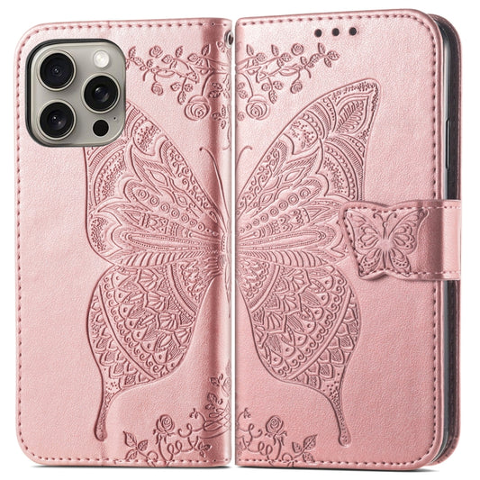 For iPhone 16 Pro Max Butterfly Love Flower Embossed Leather Phone Case(Rose Gold) by buy2fix