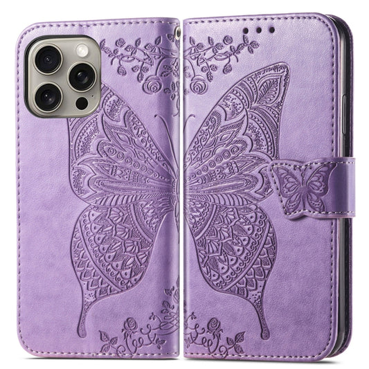 For iPhone 16 Pro Max Butterfly Love Flower Embossed Leather Phone Case(Lavender) by buy2fix