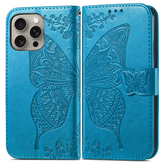 For iPhone 16 Pro Max Butterfly Love Flower Embossed Leather Phone Case(Blue) by buy2fix