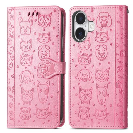 For iPhone 16 Cat and Dog Embossed Leather Phone Case(Pink) by buy2fix