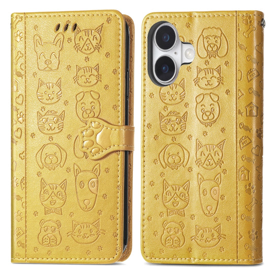 For iPhone 16 Cat and Dog Embossed Leather Phone Case(Yellow) by buy2fix
