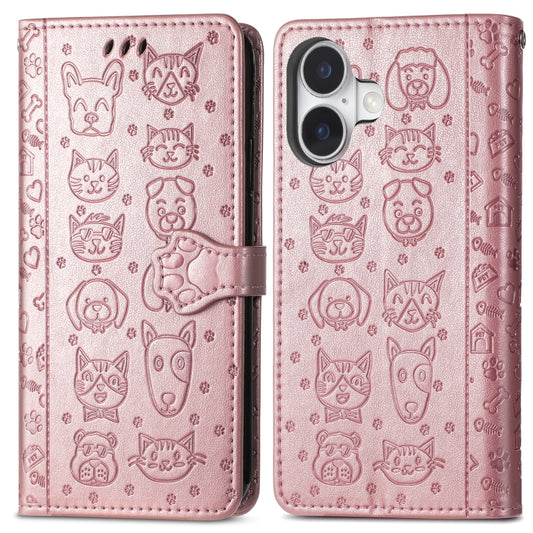 For iPhone 16 Cat and Dog Embossed Leather Phone Case(Rose Gold) by buy2fix