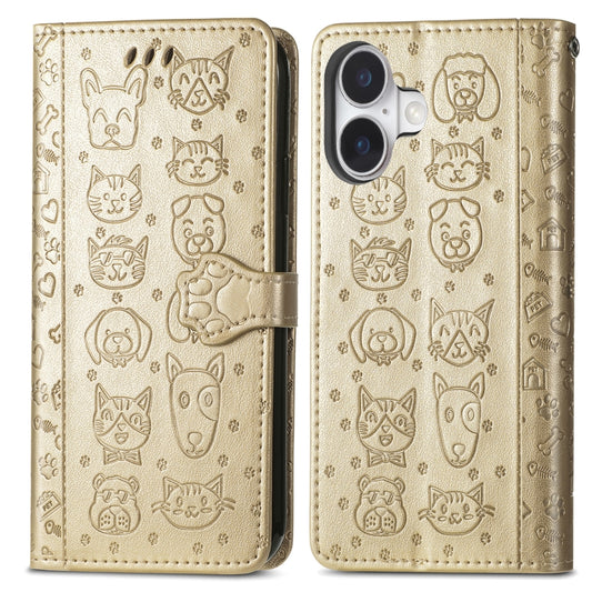 For iPhone 16 Cat and Dog Embossed Leather Phone Case(Gold) by buy2fix