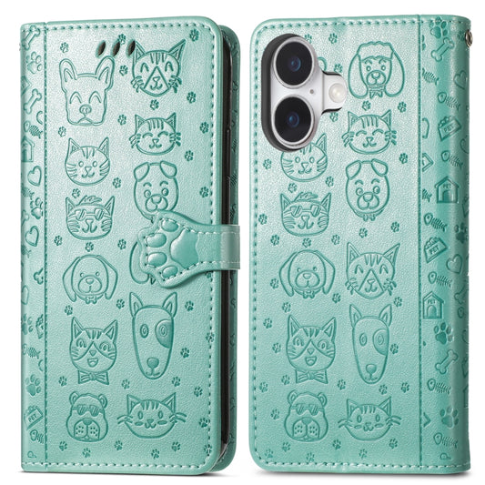 For iPhone 16 Cat and Dog Embossed Leather Phone Case(Green) by buy2fix