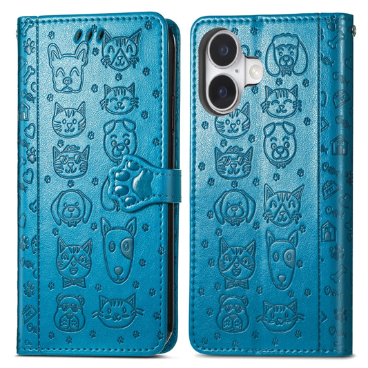 For iPhone 16 Plus Cat and Dog Embossed Leather Phone Case(Blue) by buy2fix