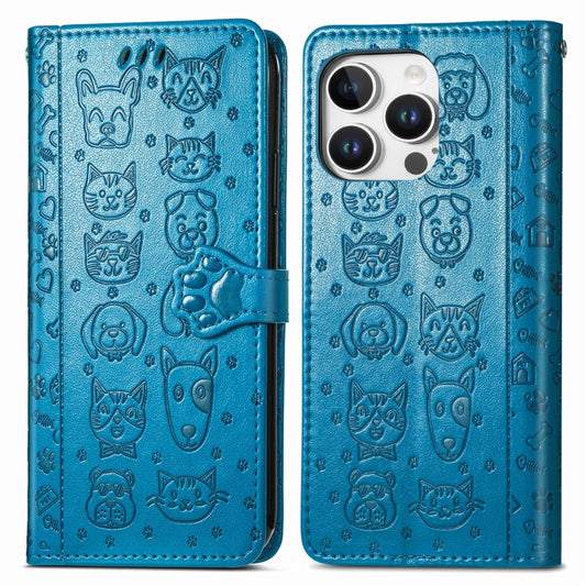 For iPhone 16 Pro Cat and Dog Embossed Leather Phone Case(Blue) by buy2fix