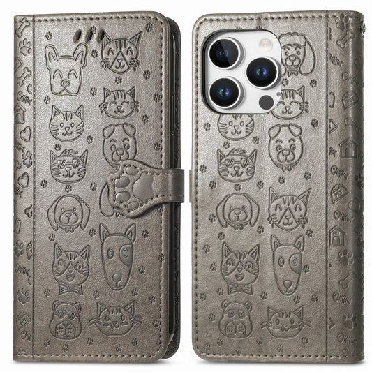 For iPhone 16 Pro Cat and Dog Embossed Leather Phone Case(Gray) by buy2fix