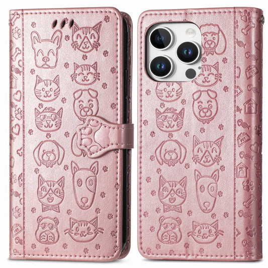 For iPhone 16 Pro Max Cat and Dog Embossed Leather Phone Case(Rose Gold) by buy2fix