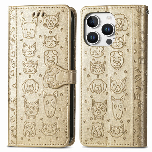 For iPhone 16 Pro Max Cat and Dog Embossed Leather Phone Case(Gold) by buy2fix