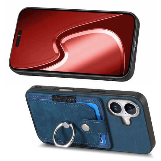 For iPhone 16 Plus Retro Skin-feel Ring Card Wallet Phone Case(Blue) by buy2fix